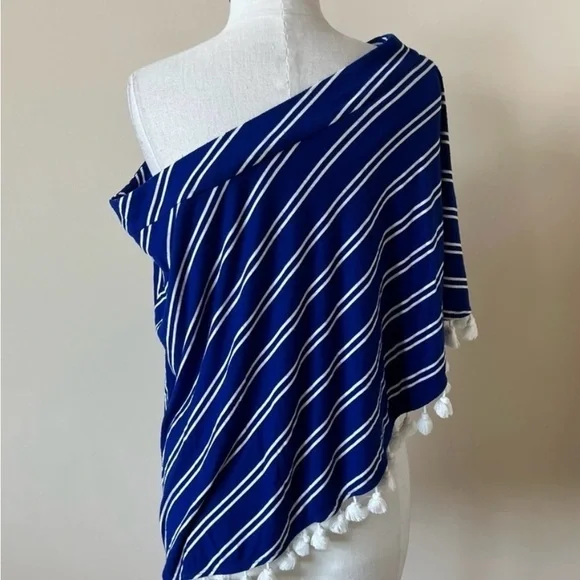 🏝️EUC - Trina Turk Pomona Top Women size XL - One shoulder Tassels Blue White - Picture 9 of 10